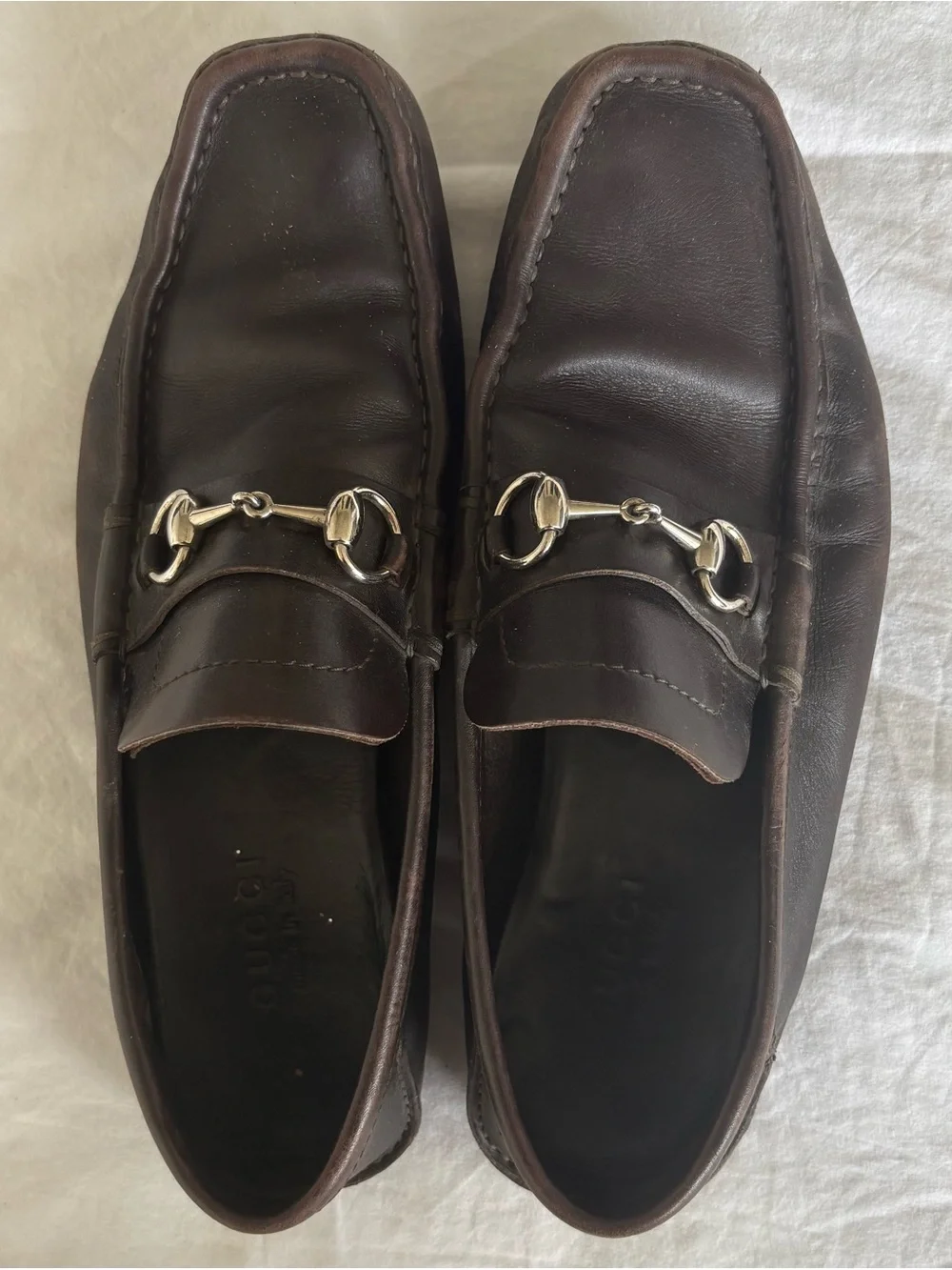 Authentic GUCCI Brown Leather Slip-On Loafers, Silver Bit Style 121502, Size 9.5